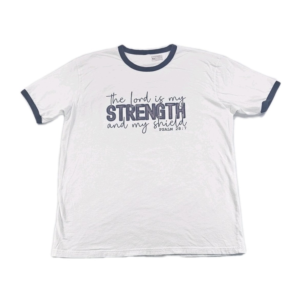 The Lord Is My Strength And My Shield XL White Black Spell Out Art Print T Shirt